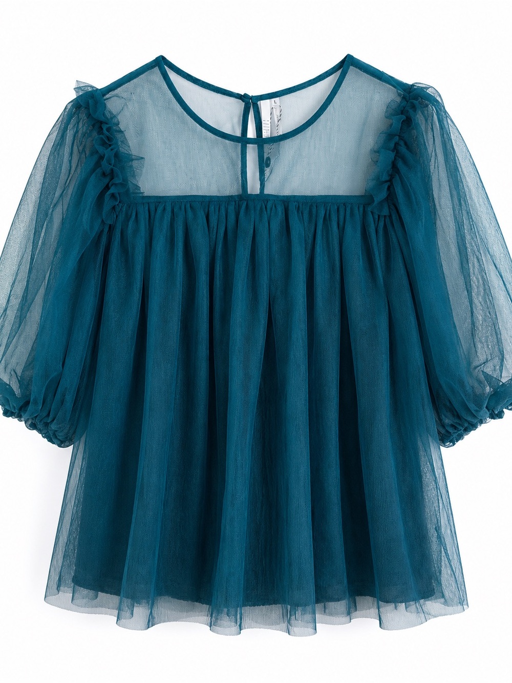 Kaktus Teal Mesh Puff-Sleeve Blouse